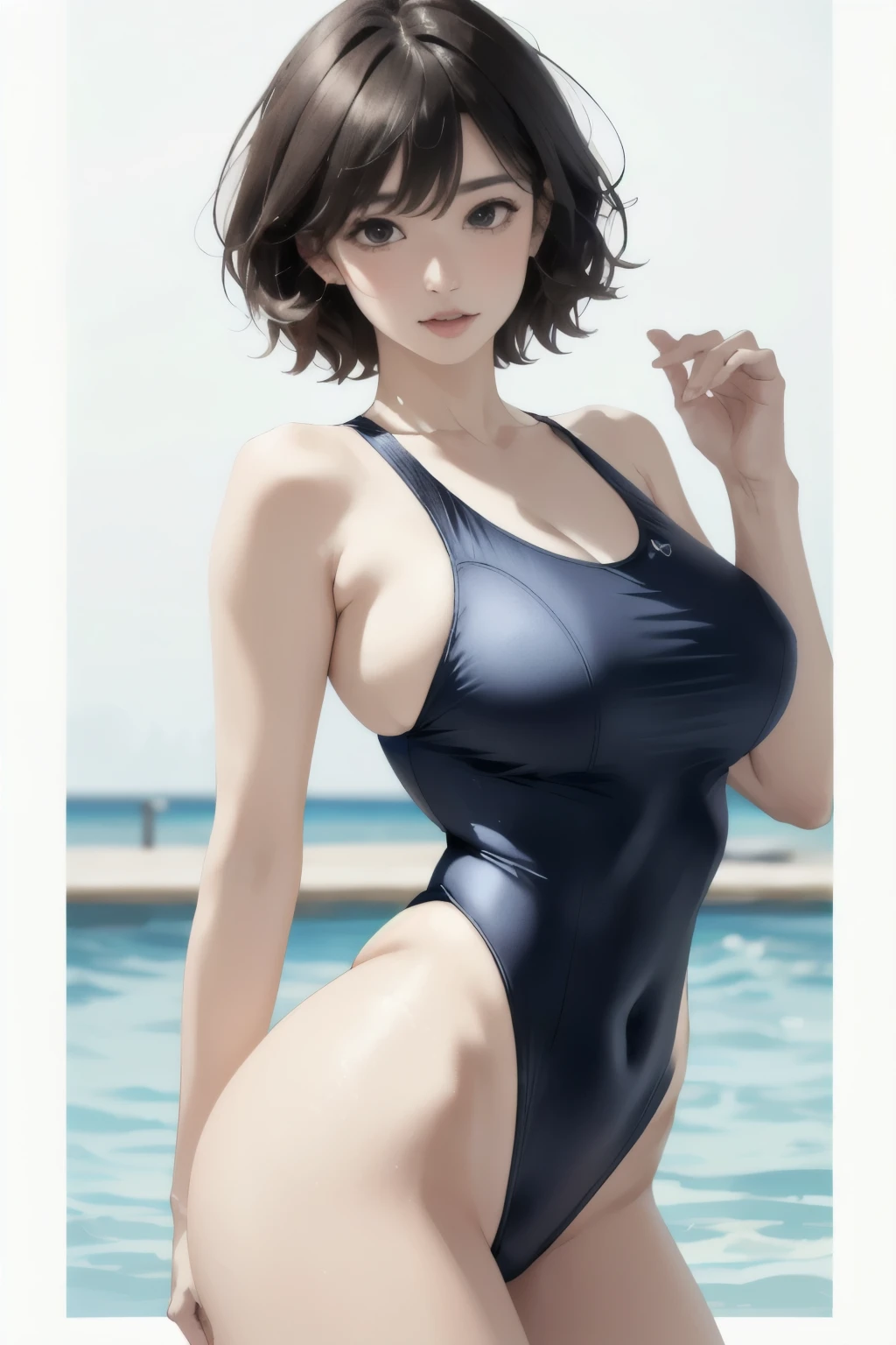 (masterpiece:1.2, Highest quality), (Realistic photos), Beautiful illustrations, (Natural side lighting, Cinema lighting),High detail、1 person, Japanese、20-year-old female, Perfect Face, Symmetrical cute face, Glowing Skin, (Black short bob), Dark blue eyes, (Huge breasts:1.1), Slender build, Flowing bangs、Beautiful Hair, Beautiful Face, Fine and beautiful eyes, Beautiful body, Beautiful breasts, (Navy blue school swimsuit),A shy look、Blushing、stand、Beach、Ocean、blue sky、My whole body is wet