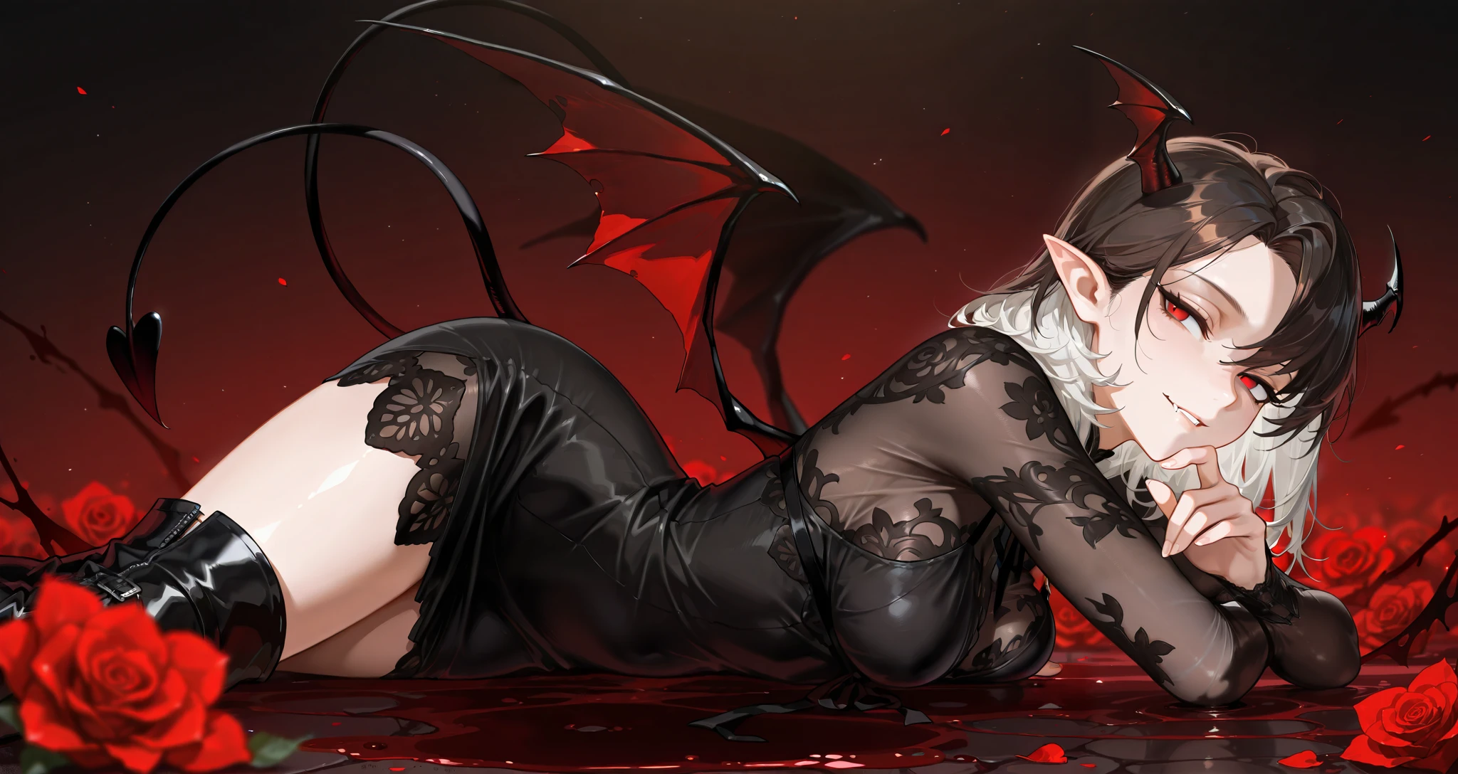 by [arknights|(748cmstyle:0.5)], mature, young adult, masterpiece, best quality, amazing quality, very aesthetic, high resolution, ultra-detailed, absurdres,
1girl, woman, solo, alone,(side shot, dynamic pose, upper body focus, three quarter view, portrait:1.2), dramatic pose, red eyes, black hair, medium hair, white hair, brown hair, vampire, lace dress, high boots, succubus, holding her breasts, half lidded eyes, tsurime, medium breasts, divinity, fighter, lip bite, darkness, Laying down in a field of blood roses, laying down on her side, sexy pose, rubbing her thighs, on her sides, finger on her lips, hushing, soft eyes, loving expression, bedroom eyes,
BREAK, depth of field, volumetric lighting
 