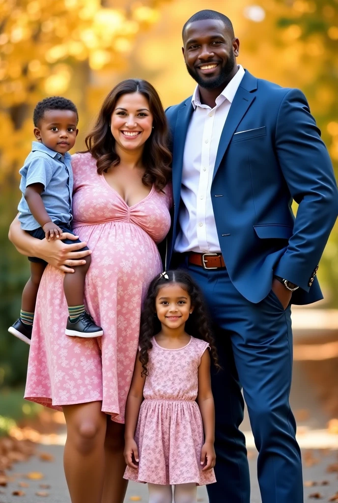 A pregnant African American woman wearing a skyblue fitted dress, full sleeves and accessories wearing a long bone straight wig with her husband wearing a white shirt and a similar sky blue colored trouser