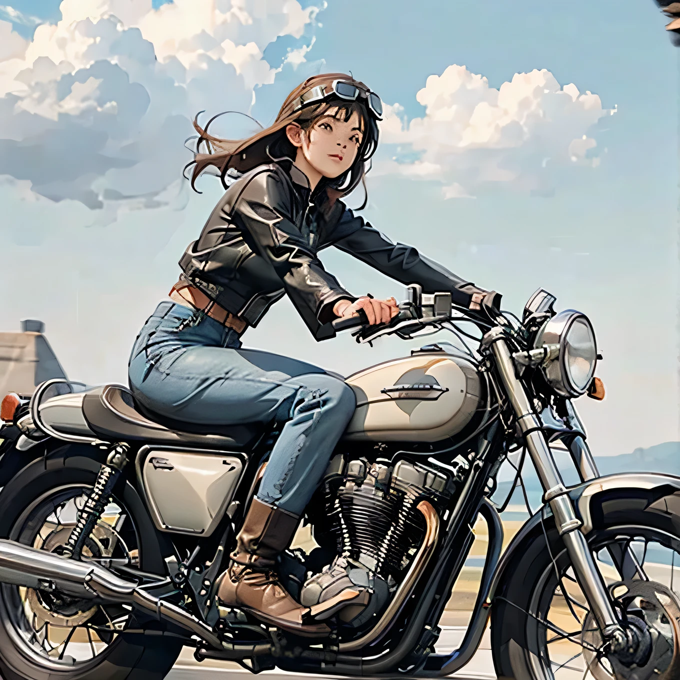 Vintage Bikes、victory、Isle of Man Races、(A young female rider speeds along on a motorcycle)、Leather jumper、Cromwell helmet with goggles、After the Rain、English countryside、