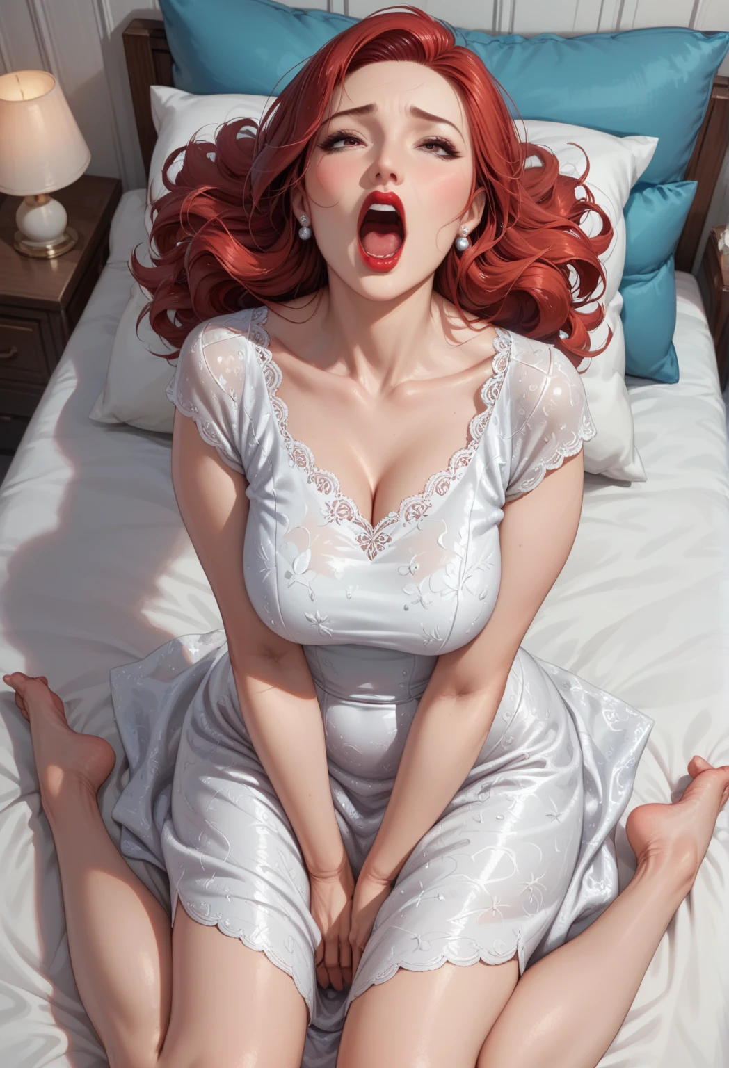 1 beautiful woman, big eyelashes, glossy lips, asleep drooling, sweating, asleep with her mouth open, snoring, asleep lying on the bus, head resting on the seat, eyes closed, painted eyelids, made up, beautiful body, wedding dress sexy; lipstick, resembling actress Bryce Dallas Howard.