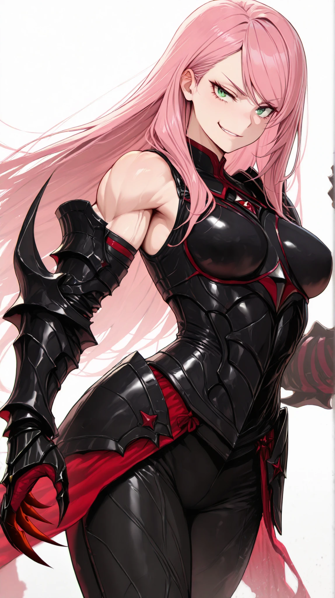 absurdres, (((HD))), (((Ultra High Quality))), ((hyper detailed)), ((Ultra High Resolution)), (Highly rendered), ((detailed eyes)), (((8K))), ((perfect face)), ((masterpiece)), 1girl, short, very short, muscular, pink hair, long hair, swept bangs, green eyes, smirk, medium breasts, armored, black armor, black chest armor, red accents, sleeveless, gauntlets, clawed gloves, black pants, simple background, white background