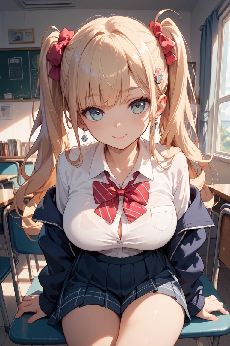 (masterpiece), best quality, expressive eyes, perfect face, (Belle Delphine in a classroom), (classroom window background), (sitting on desk), (closeup view), (smirk), (1girl, age 18+, Belle Delphine, Belle delphine Face, fair skin, blonde hair, ponytail hairstyle, blue eyes, hourglass figure, thin body, skinny body, body, short height, small breasts, wide hips, thick thighs), (tight fit outfit, extra small outfit, white button shirt, short sleeve, exposed cleavage, red plaid pleated skirt, white stockings), belledel