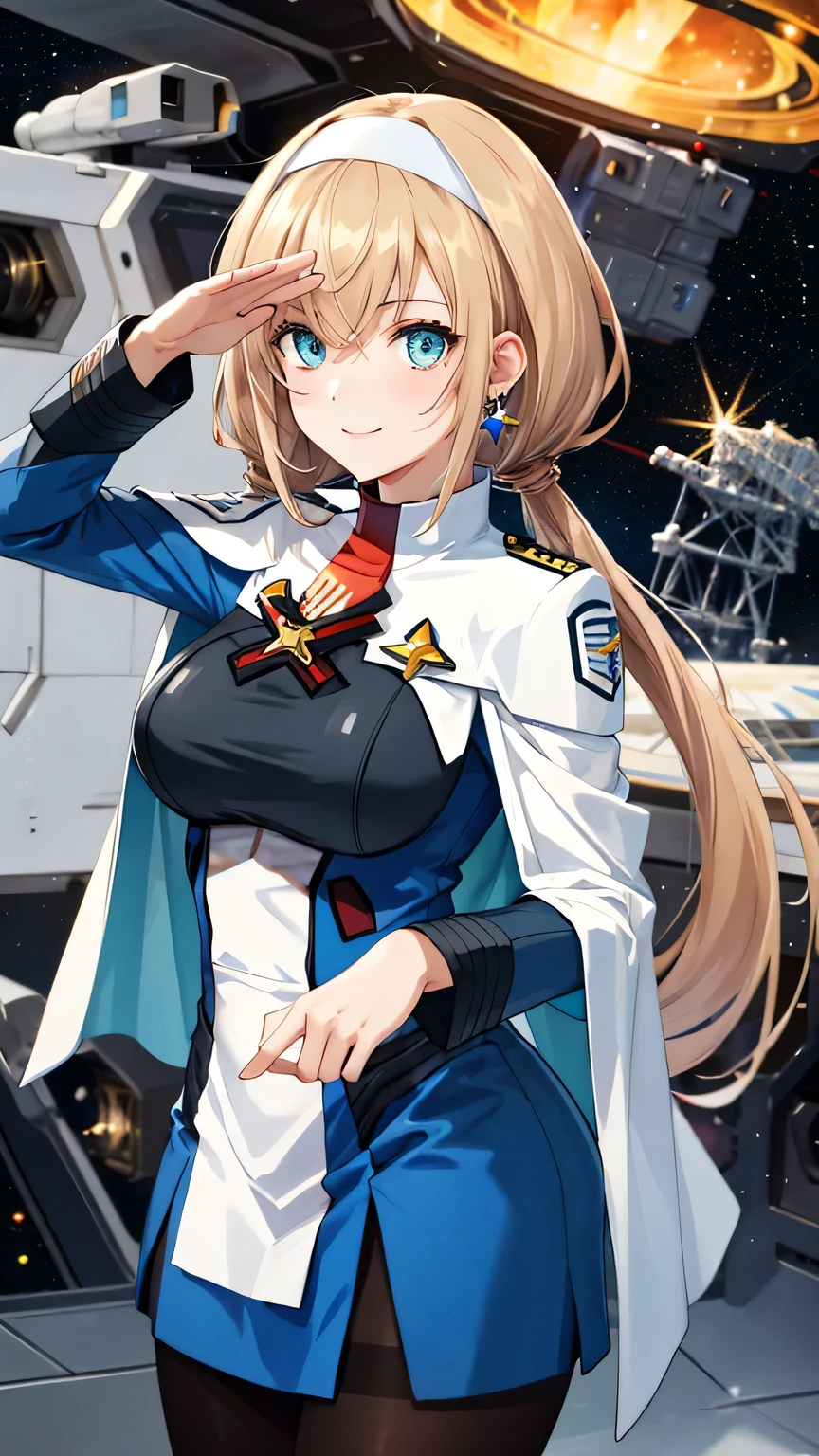 {{{masterpiece}}}, (best quality:1.5), (ultra-detailed:1.5), {illustration}, {{an extremely delicate and beautiful}}, (beautiful detailed eyes:1.6), absurdres, highres, extremely detailed face, 16k, hd, visual anime de uma jovem mulher, extremamente bonito rosto de anime, anime melhor garota, (perfect hands, perfect anatomy), anime face, mitsuba1, Mitsuba Greyvalley(SUPER ROBOT WARS 30), 1girl, solo, cute face, blonde hair, twintails, low twintails, hairband, white hairband, long hair, hair behind ear, bangs, sidelocks, blue eyes, triangle earrings, large breasts, big hips, curvaceous, BREAK, uniform, mini bodycon dress, white capelet, capelet, Mitsuba Greyvalley's military uniform, blue dress, long sleeve, military uniform, jewelry, (black pantyhose:1.3), thighs, plump thighs, BREAK, (Salute:1.3), smiling, flushed cheeks, (portrait:1.5), indoor, hangar, ceiling, building, (cute gestures:1.2), medium close-up shot, (cowboy shot:1.5), BREAK, spaceship, (Space battleship in the background:1.5), (outer space:1.5)