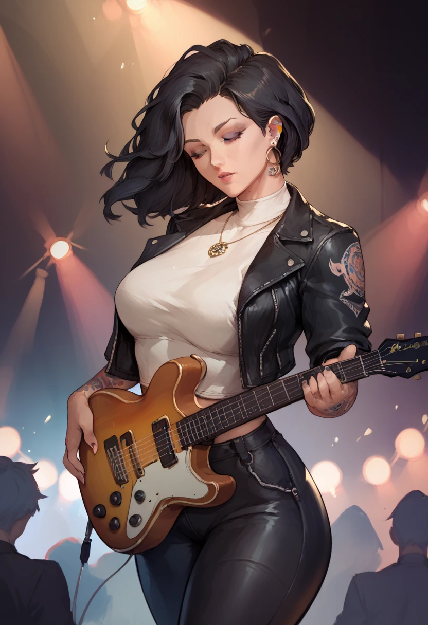 (1girl:1.5), motorhead, lemmy kilmister, masterpiece, best quality, best detail, best proportion, best anatomy, best face, best shaped breasts, very big breasts , big ass, (tall woman), (black long hair), ((female musician with electricbase guiter):1.3)), cowboy shot, pantyshot, smile, blush, stage(background), mic stand, ((singing and playing electric base guiter):1.4), ((too sweaty):1.1), heavy metal musician, torn clothes,