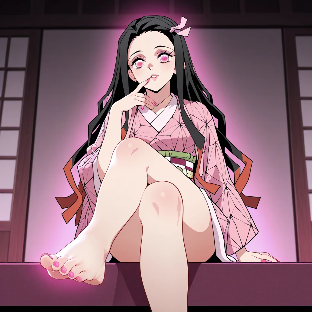 1 woman, full body, nezuko kamado oni mode, with bamboo in her mouth, demon slayer, beautiful, long hair, pink eyes, perfect, ultra hd, naked, showing her breasts, showing her pussy, nails like claws, perfect feet, demon slayer scenario