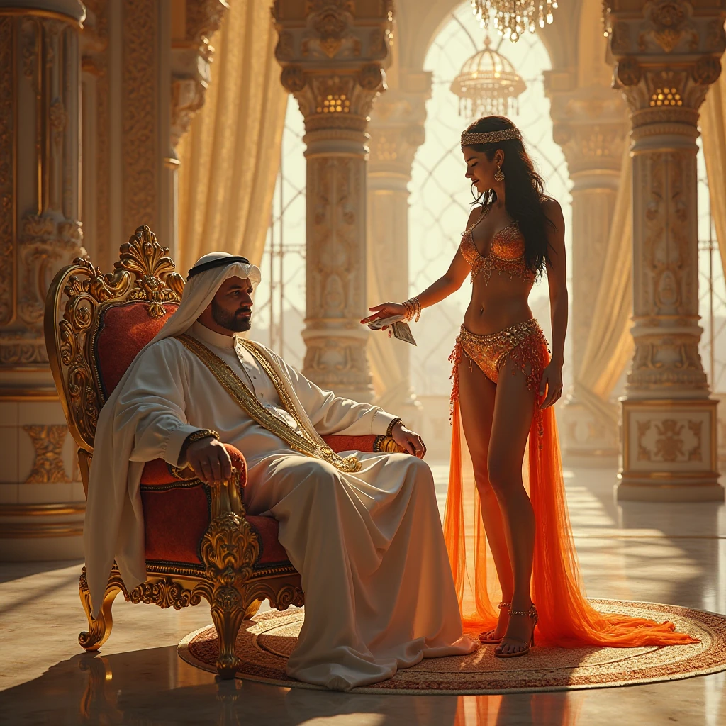 there is a man and woman dressed in costume standing next to each other, arabian art, arabian, arabian princess, arab princess, art cover illustration, persian queen, arabian wrestling woman, arabian beauty, band of gold round his breasts, mogul khan, middle eastern skin, inspired by Osman Hamdi Bey, persian princess, 8k high quality detailed art, hijab, old man looking to the lady