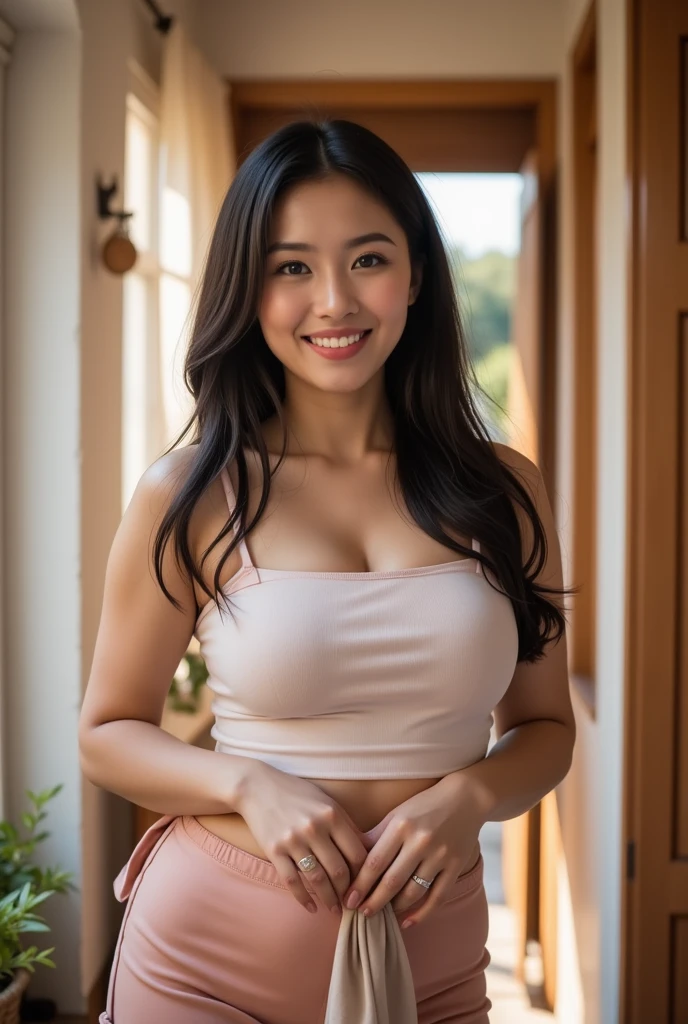 Filipina woman, Intimate, face blush, red blushy cheeks, ponytail, feeling excited, beautiful thighs, in love, wearing summer mini dress