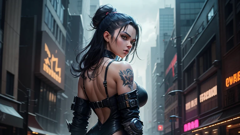 Artwork, une fille, gangster, Yakuza, tatouage sur tout le corps, dressed in black, regard agressif, black hair tied, two sabers in the back, cyberpunk dark fantasy, epic, colored