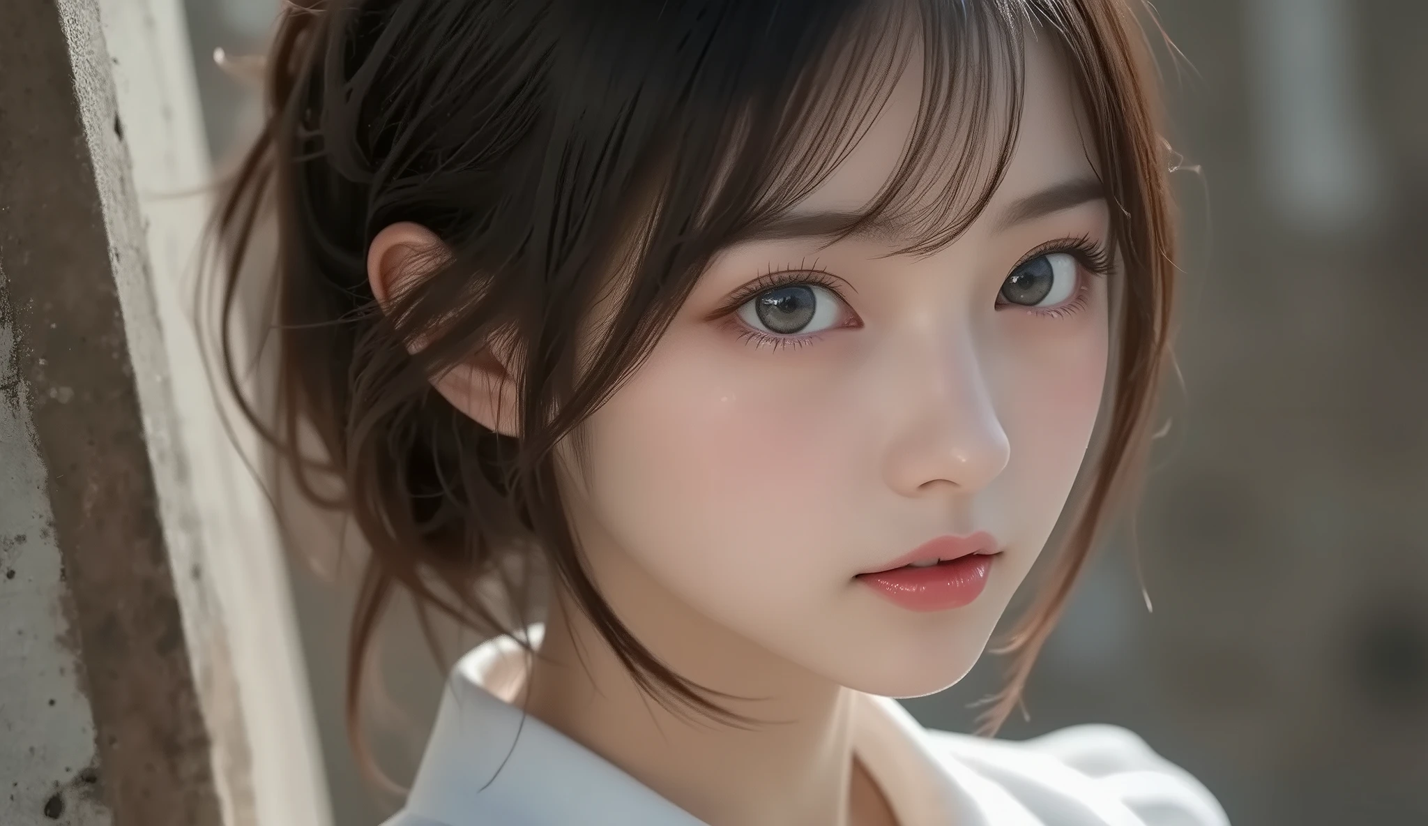 8k,super high resolution , top quality, masterpiece,rule of thirds,golden ratio,surreal,pictures, one woman,( girl:1.3),cute,cute顔, Beautiful Eyes in Every Detail , 細かくdetails,mature woman,princess,upper body,black hair,Unbalanced Bob,ID photo, luxurious and beautiful ,(A  Famous Japanese Idol Girl),(((disgust))),((Hugo Boss Design:1.3)),((female prison guard)),Low position,low angle,Exposed concrete wall,Stiletto heels,( She's Standing in Front of Me), very delicate expression ,  delicate eye description,, healthy body, ((Female 1)), Height: 160cm ,( Thin Waist:1.4)、( Beautiful :1.4), pink lips,Profile ,((( ideal figure))),Small bust, A cup :2, portraits:2、 perfect anatomy 、鮮明な details、 details,thin lips,Perfect and beautiful face  ,完璧でcute顔,  meticulous skin  , perfect limb that wraps around the body,Thin Waist, surreal,Light and Dark, Fashion Magazine Cover ,stage lights