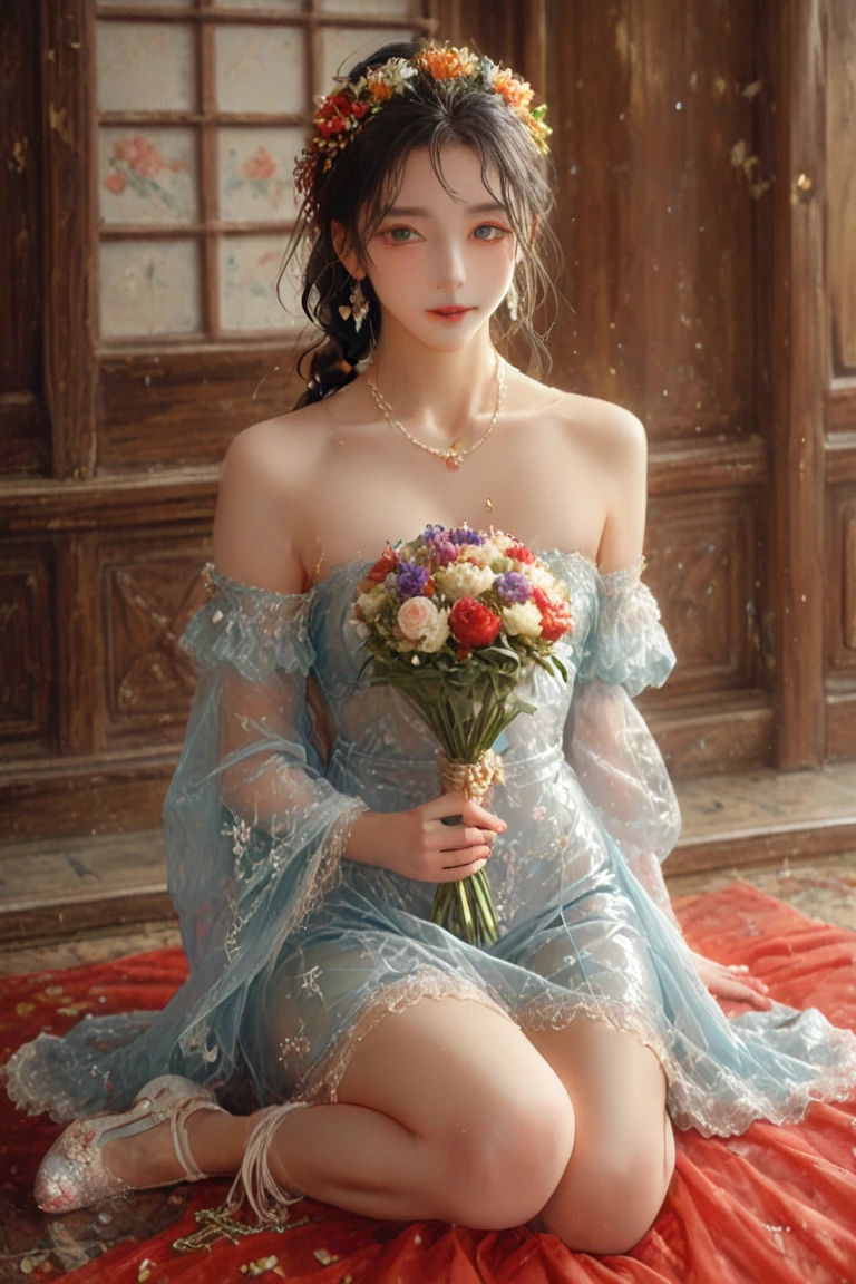 (Fashion magazine blockbuster:1.2),(attractive woman:1.3),(beautiful and delicate eyes:1.2),(Fashion clothing design:1.2),(Tulle texture:1.1),turquoise flowers,surrounded by flowers,Crystal clear dew,Fresh and elegant,(flowers blooming wildly:1.2),delicate buds,turquoise atmosphere,(masterpiece:1,2),best quality,masterpiece,high resolution,The original,Very detailed wallpaper,perfect lighting,(Extremely detailed CG:1.2)flowers,turquoise flowers,full_Body, huge_Chest, whole Body