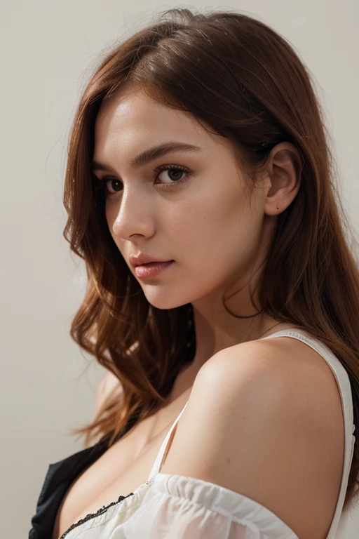 Solo , beautiful looking women, light blue eyes hazel eyes, fair skin ,pink lips , perfect female model face , side profiles, portrait black brown hairs, model face , wearing white sports bra , white wall background, portrait, high quality,good lighting,clear face ,light blue eyes, beautiful eyes , detailed eyes 