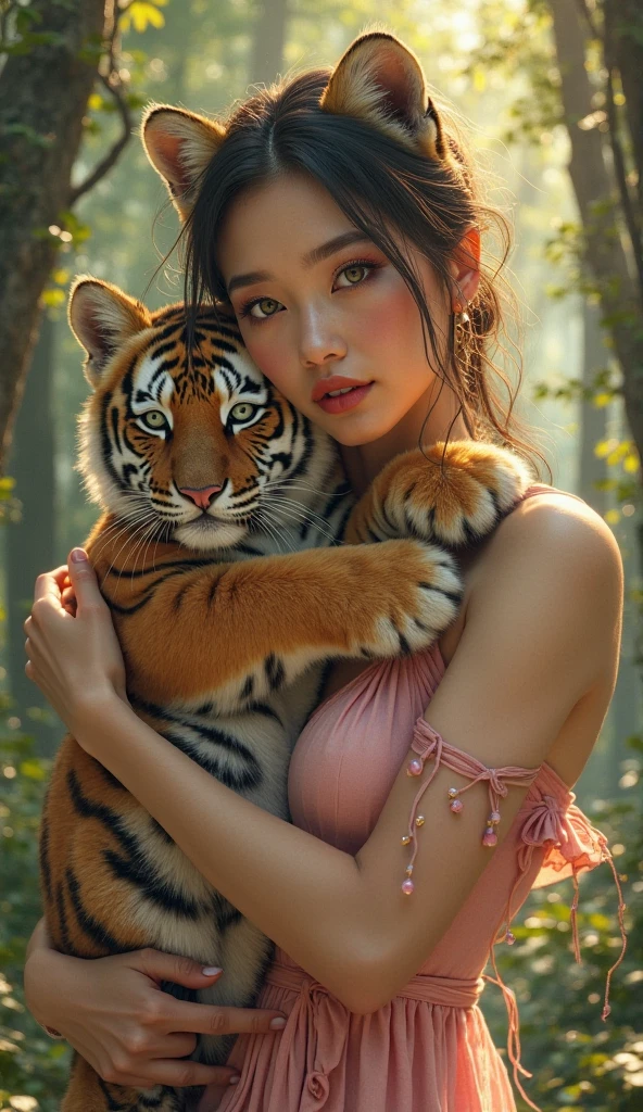 An 18 year old woman,  with almond shaped eyes , large and slightly sunken, with subtle heterochromia (shades between blue-green and golden amber,  depending on light ), eyebrows: : Arched and thick, natural but defined, , emphasizing her penetrating gaze. • Cheekbones : Tall and angled, , creating a sculpted effect that was reminiscent of clical sculptures. • Jaw :  strong but feminine , with a pronounced quijón that adds character to its.• Nose : Straight with a slight aquiline bridge, , providing elegance without restoring naturalness. • Lips : voluminous, profile with a marked Cupid's arch and a deep nasolabial groove, , giving it a sensual appearance even at rest. Huge breasts and wide  and a super big . on the couch in different poses hugging Y with a beautiful smile, he embraces his wild tiger cub in the middle of a hotel,enchanted by large and majestic trees, dressed in an old pink dress and wearing beautiful gl sandals