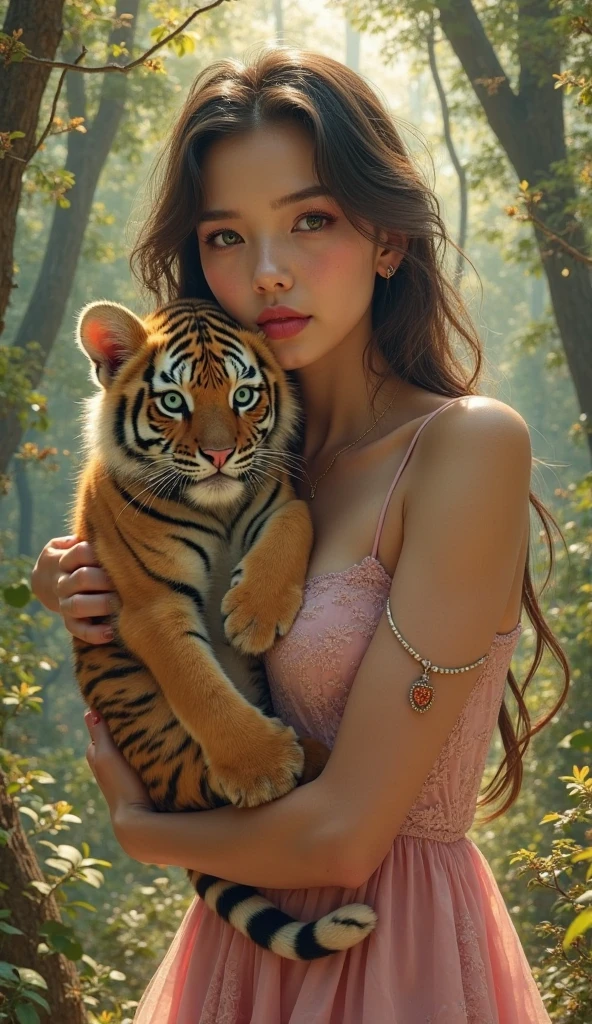 An 18 year old woman,  with almond shaped eyes , large and slightly sunken, with subtle heterochromia (shades between blue-green and golden amber,  depending on light ), eyebrows: : Arched and thick, natural but defined, , emphasizing her penetrating gaze. • Cheekbones : Tall and angled, , creating a sculpted effect that was reminiscent of clical sculptures. • Jaw :  strong but feminine , with a pronounced quijón that adds character to its.• Nose : Straight with a slight aquiline bridge, , providing elegance without restoring naturalness. • Lips : voluminous, profile with a marked Cupid's arch and a deep nasolabial groove, , giving it a sensual appearance even at rest. Huge breasts and wide  and a super big . on the couch in different poses hugging Y with a beautiful smile, he embraces his wild tiger cub in the middle of a hotel,enchanted by large and majestic trees, dressed in an old pink dress and wearing beautiful gl sandals