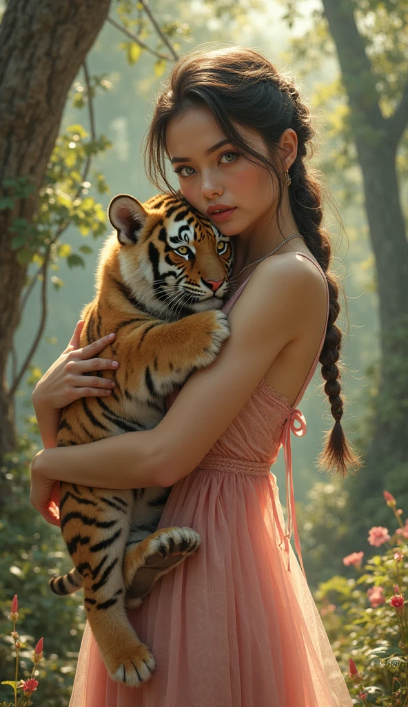 An 18 year old woman,  with almond shaped eyes , large and slightly sunken, with subtle heterochromia (shades between blue-green and golden amber,  depending on light ), eyebrows: : Arched and thick, natural but defined, , emphasizing her penetrating gaze. • Cheekbones : Tall and angled, , creating a sculpted effect that was reminiscent of clical sculptures. • Jaw :  strong but feminine , with a pronounced quijón that adds character to its.• Nose : Straight with a slight aquiline bridge, , providing elegance without restoring naturalness. • Lips : voluminous, profile with a marked Cupid's arch and a deep nasolabial groove, , giving it a sensual appearance even at rest. Huge breasts and wide  and a super big . on the couch in different poses hugging Y with a beautiful smile, he embraces his wild tiger cub in the middle of a hotel,enchanted by large and majestic trees, dressed in an old pink dress and wearing beautiful gl sandals