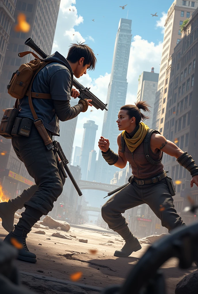((masterpiece)), (best quality), (detailed), scene of a fight between a skinny teenager and a larger bandit. The teenager strikes the bandit with a jar of pickles. Post-apocalyptic