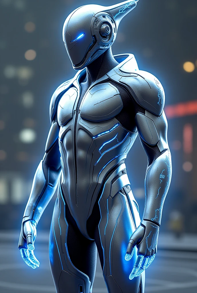 Create a male hero uniform in the style of Miraculous: Tales of Ladybug and inspired by a beluga with white and blue colors 