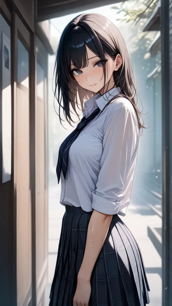 ((masterpiece, Highest quality)), (One girl), (alone), (Focus on women), (Ahoge, Gray Hair, Very long hair), Golden Eyes, A light smile, Open your mouth, ((White shirt), (Buttoned shirt), (Button gap)), ((Black Skirt), (Short skirt)), Are standing, White Background, Put your arms behind your back, Dynamic Angle,,（Sharp Eyes）,（Glaring:1.1）,Scornful Eyes,（empty eyes）Grit your teeth,Sweat,（Lift up your skirt yourself）,pantyshot,（Panties through pantyhose）,cameltoe focus,（from below）masterpiece,Highest quality,8K,Black hair two side up,Mid-length hair,Less hair volume,No sleeve,Checkered mini skirt,Small breasts，（Sharp Eyes）,（Glaring:1.1）,Scornful Eyes,（empty eyes），Grit your teeth,Sweat,ass pov,blush, Small breasts,Grin,Panty details,Detailed Description,Light blue panties,High quality panties,Panties with stains,Wet texture,fine hands,Beautiful Hands,Perfect hands,Beautiful Skin,Shadowed face,In the back alley
