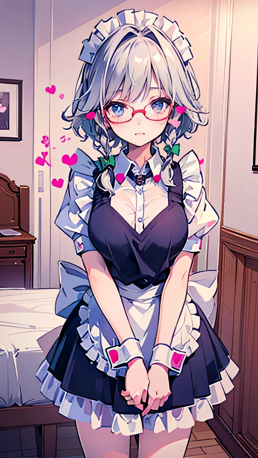 (real animation), (best quality,8k, oconnor ,masterpiece:1.2),Super Oconnor ,(realistic,photorealistic,photo-realistic:1.37), portrait, (Maid,Spouses,cute, The girl on the left has no breasts, white hair, short hair,Knitting Glassesed pigtails, white headband:1.2), ( blue eyes, Maid headdress, Knitting Glasses, Gray Hair, Maid, twin Knitting Glassess, short hair, wrist cuffs , bow, hair bow, Short sleeve, ribbon, apron, a gentle expression, rosy cheeks ), ((lovely face:1.5, red face:1.4, smile, Spouse, I fell in love at first sight)), ( OPEN COLLAR :1.2, chest), ((indoor、bedroom:1.2、western style room、dim:1.3))、sweat、cute、((adorable heart :1.5))、1 The girl on the left has no breasts and 1boy, Kabedon Pov, full body, standing
