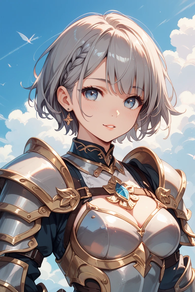 (masterpiece:1.2), (highest quality:1.2), perfect eyes, perfect face, perfect lighting, sunlight, outdoor, desert, 1 boy,blonde red eye, ((((((hair over one eye)))))), Braid Styles, spiked hair, blunt bangs, bob hair, a braid, Ahoge, cute eyes,, ((((white bikini armor)))), cute eyes, closed mouth, ((from above)), ((front)), ((smile)), spoken heart, nipple, abs, (big breasts)