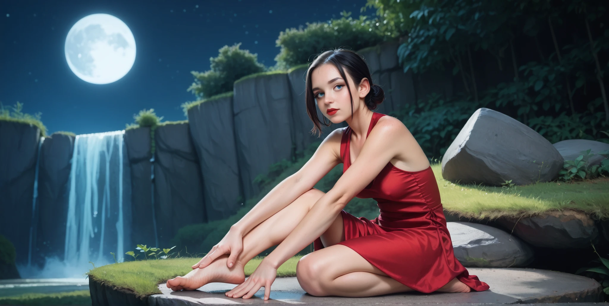 a girl kneeling on the edge of a cliff, waterfall, moon night, straight black hair breasts, hair is too long, full body, medium breasts, round chin, detailed feet, snub nose, side , long red dress, blue eyes, red lips