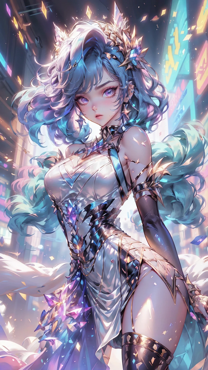 best quality, super fine, 16k, incredibly absurdres, extremely detailed, delicate and dynamic, a cool and beautiful pretty female cyber warrior who fights with a gigantic beautiful transparent and translucent shining goddess, her hair gradating from white to purple as it goes to the tips, with long braided low twintails, iridescent magic circle, background space galaxy far away