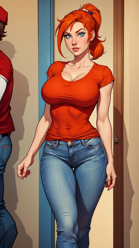  girl, white skin, medium-short height, medium orange hair, ponytail hair. blue eyes. She was wearing a jeans, red t-shirt, beige cap. She had a bow. Party dress. busty. Comic style. 
