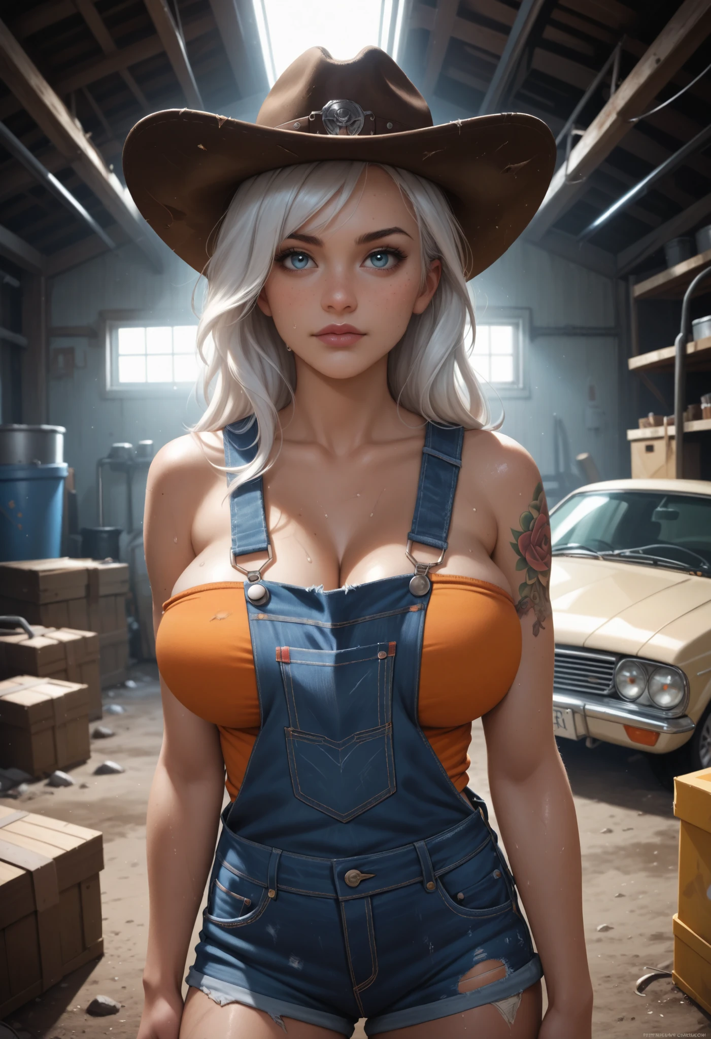 realistic photo of ((Gadget Hackwrench)), girl 25 years, in a dark garage, bar, blonde, long hair, cute face, sexy body, sexy posing, striper, pole dancing, blue denim jumpsuit, Deep cleavage, playboy magazine, masterpiece, 8k resolution, ultra detailed face and eyes, studio light, deep shadows, rim light