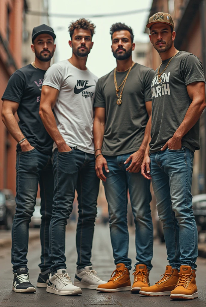 Hyper realistic, , 85mm, ultra realistic, detailed face. three models sitting outside cipriani soho NYC, wearing fear of god style streetwear, loose, oversized t-shirt, fashion photoshoot