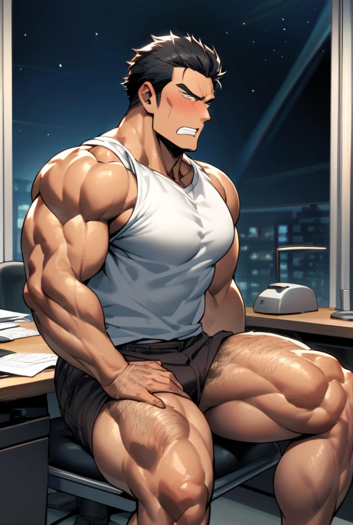 Muscular man comes home from work, takes off his sweaty work clothes and throws them on the floor, his tie, shirt and pants are on the floor, his stinky shoes, he also puts his stinky and sweaty feet on the table, Don's feet are big and stinky with veins and a little dirty, his legs have hair, his torso is very muscular, he has hair on his chest and his body is sweaty. In his boxers, his member stands out. The boxers are black. His left hand is behind his head, revealing his very hairy armpit and stinky his right hand is inside his boxers touching and scratching his testicles he is muscular his arms are big and veiny he is tanned and his hair is black b he has veins in his feet and hands very muscular tanned and stinky tired and with a relaxed expression on his face