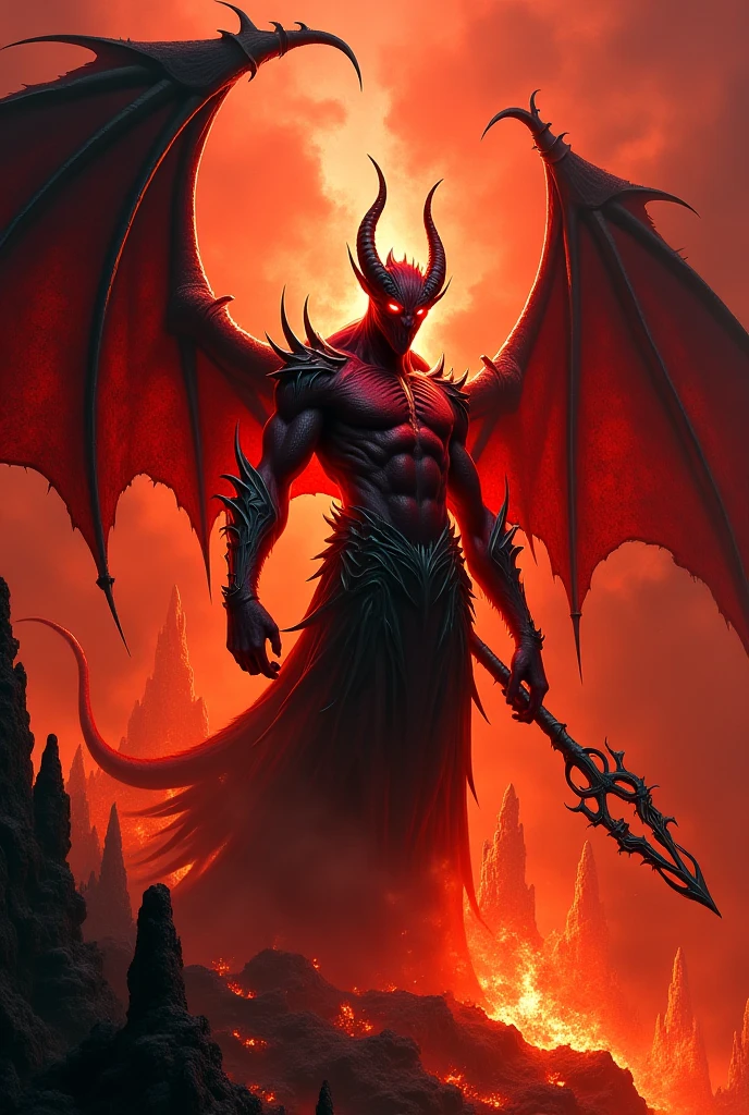 A powerful male demon bound by a chain of flames,The demon has the appearance of a dragon,Dark red throughout,Armed with a magic sword,musculous