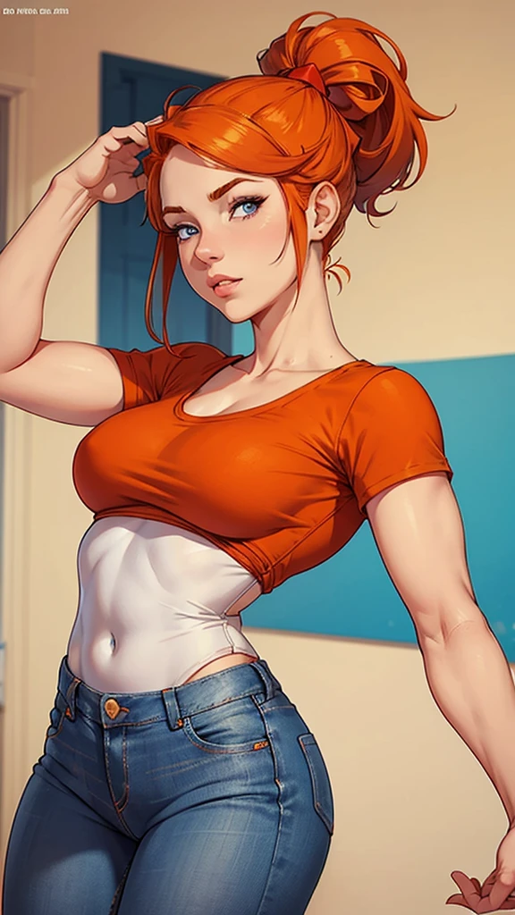 (1980s anime), From below, worm view, Mature redhead with freckles, hair done up in a messy bun, wearing a white skin tight tanktop, female abs, small waist, wide hips, lifting up tanktop, clothes lift, lifted by self, exposed underboob, gigantic breasts, breasts bigger than head, nipple bulge, breasts almost exposed, covered nipples, almost exposed, looking at viewer, no bra, ripped jean booty shorts with tight black thigh highs, outdoors, pink sky, sunrise, mountains