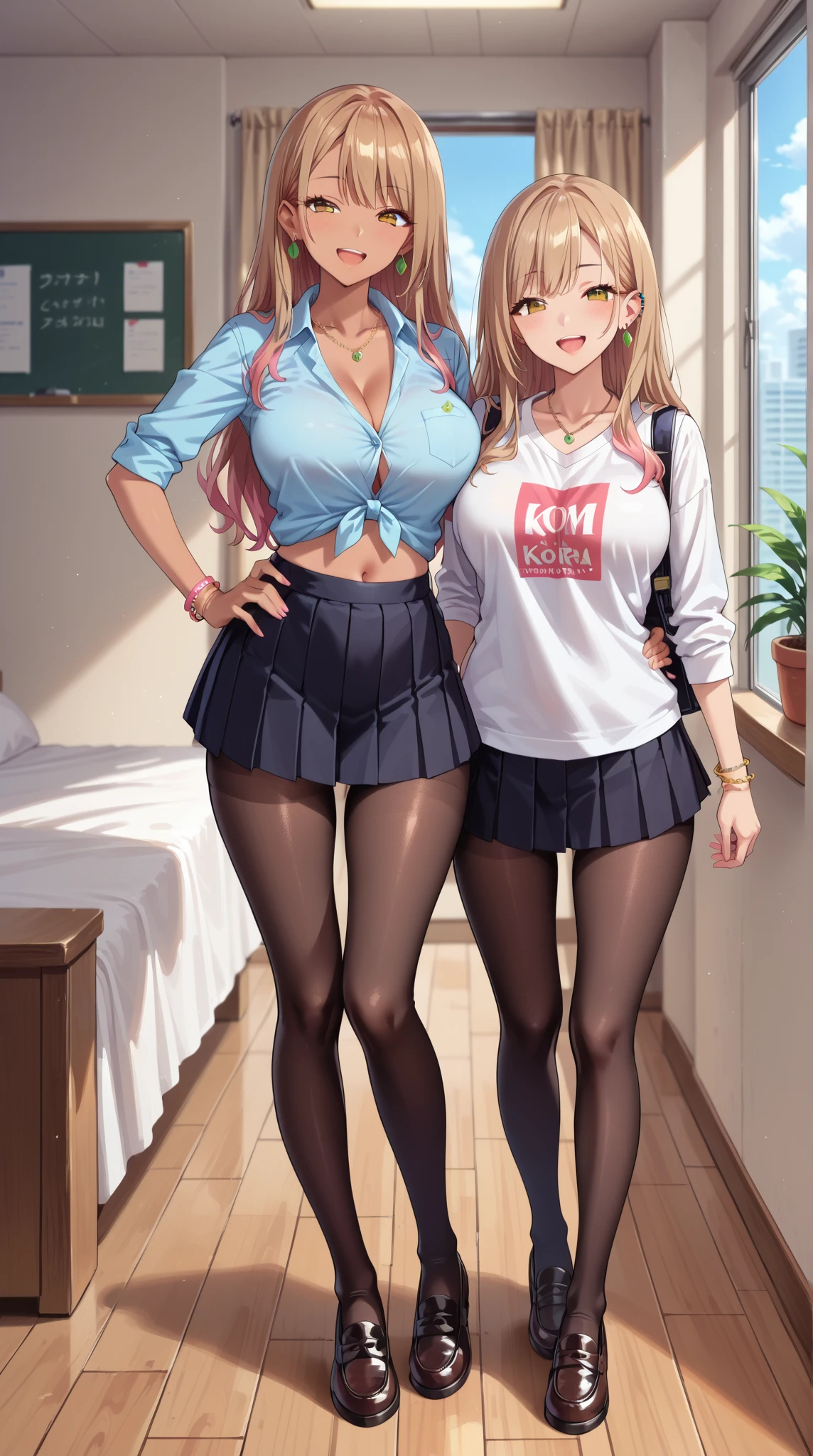 2 girls, smile:1.3, shirt, skirt, (small),((classroom:1.5))、Blonde、(blush:1.3)、((青いチェック柄のskirt:1.5))、Cowboy Shot、(skirt lift:1.3),(Highly detailed panties:1.3)、(Highly detailed white panties:1.3)、、(skirt that rolls up:1.3)、(Full-fledged panties:1.5)、,((Pure white cardigan))、((spoken heart:1.5))
