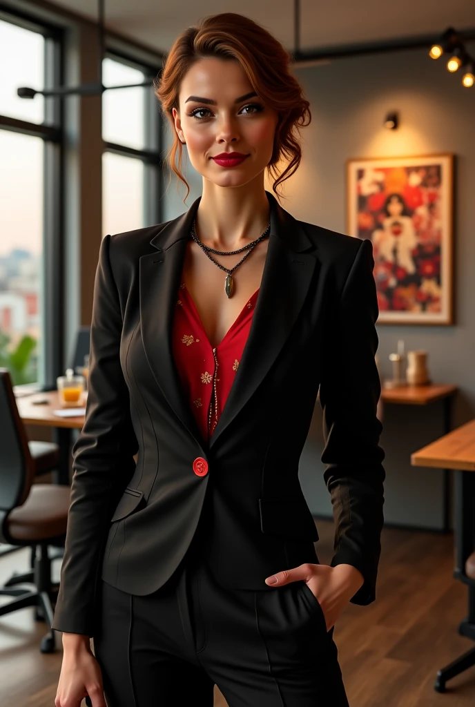 balalaica, masterpiece, Best Quality, absurdities, 1 girl, looking at the viewer, inside, Office, Sunset, Serious, Crossed arms, chair, Session, Red suit, tube skirt, shackles, (burn scar:1.5), mole under the eye, Upper part of the body