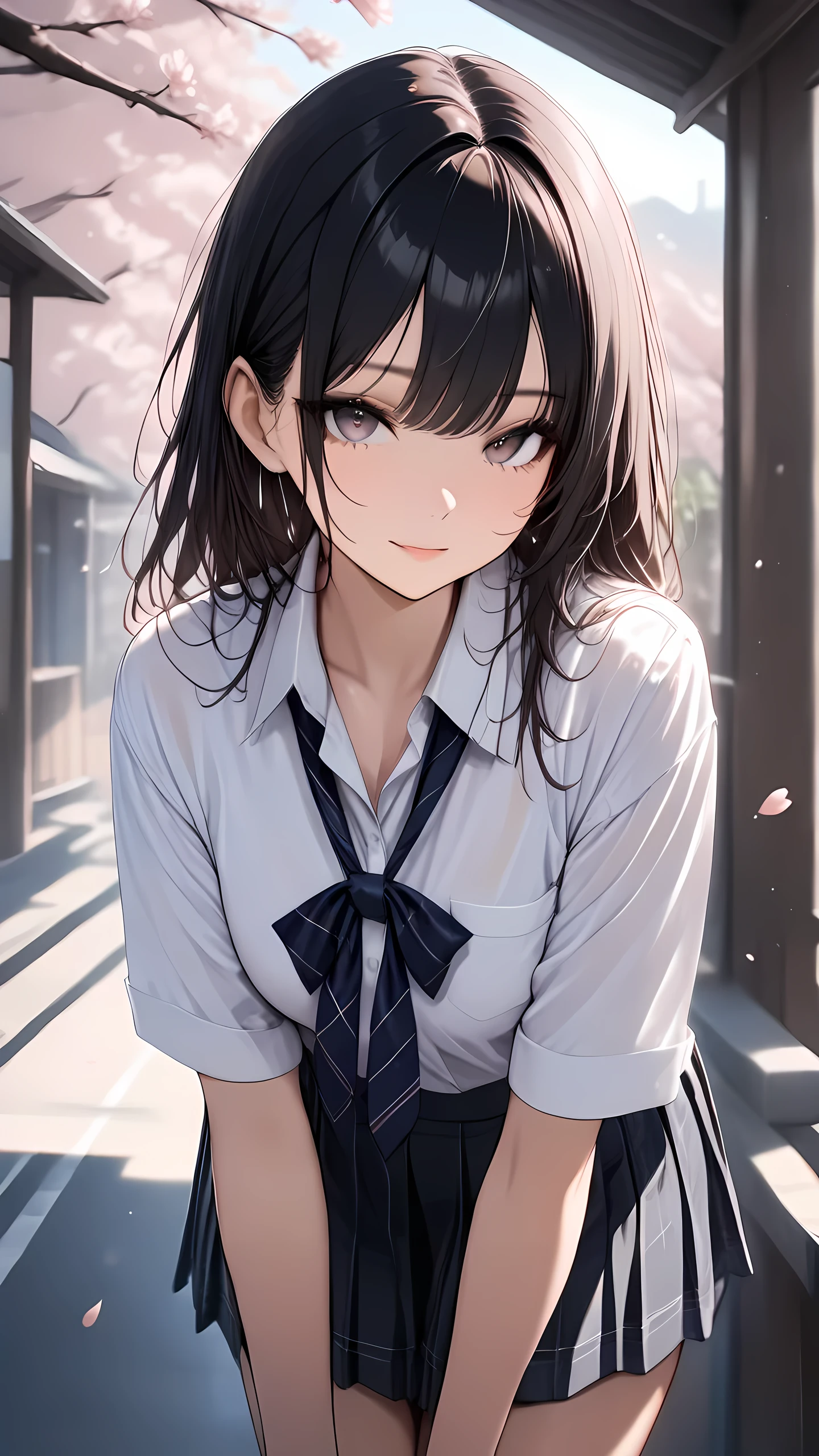 1 girl,JK,school uniform, blurry background, light particles, side road, cherry blossoms, looking at viewer, digital art, morning light, (masterpiece, high score, great score, absurdres)