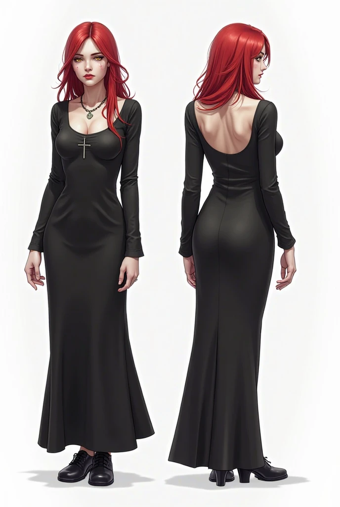 ((character concept art)), ((character design sheet, same person, multiple pose)),(full body view),(adult MILF), Solo, Tall stature, goddess,, Medieval, pale skin, prominent cheekbones, dark red hair in bun, short black lace dress, curvy, lipstick