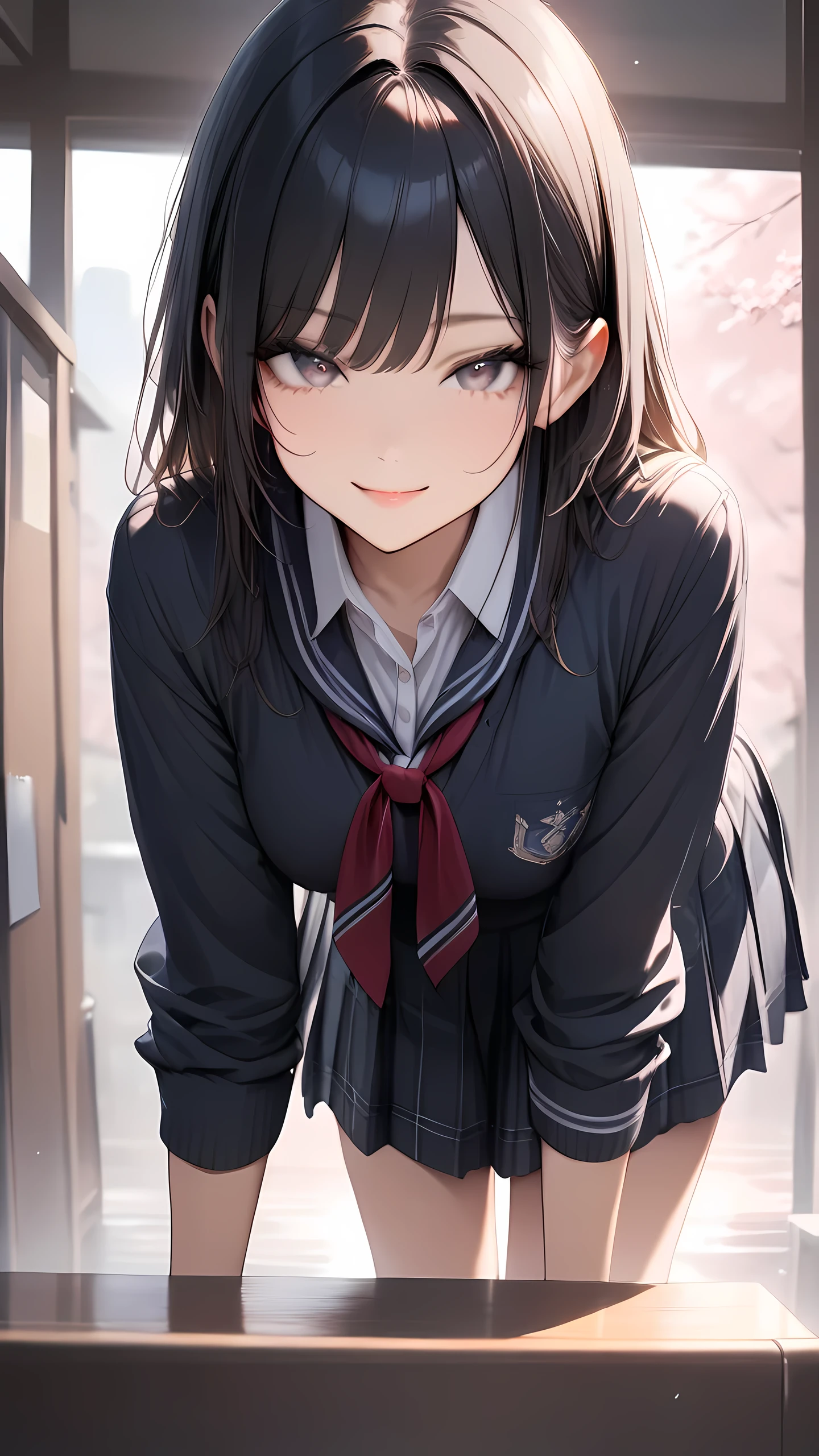 1 girl, JK, school uniform, detailed facial features, smiling expression, standing pose, looking at camera, school campus background, sunlight, cherry blossom trees, professional photography, vibrant colors, warm lighting, soft focus, shallow depth of field, (masterpiece, high score, great score, absurdres)