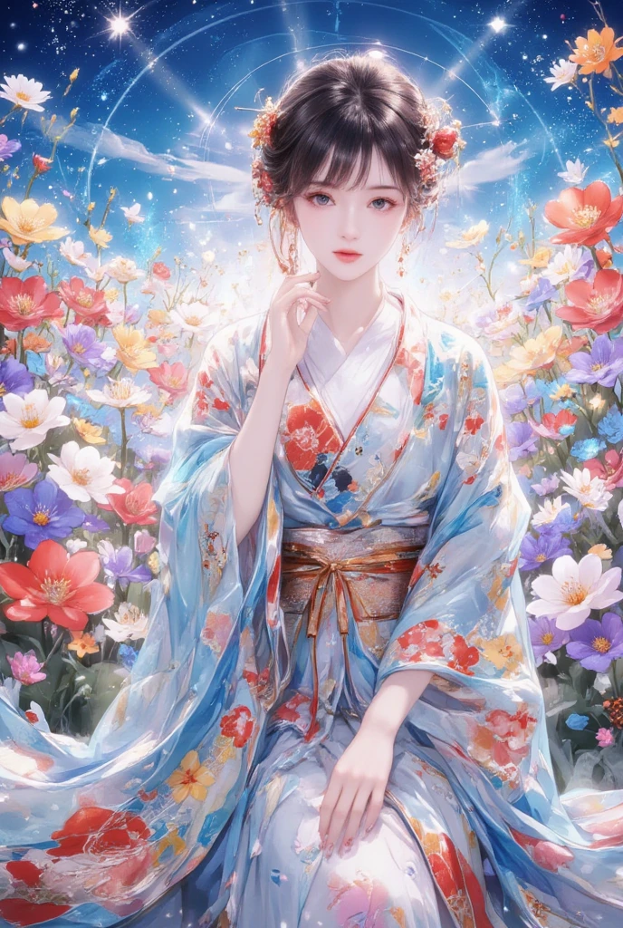 (From the outside) , many color,Best quality at best,8K,real photograph,Delicate skin details,tmasterpiece,photograph of-realistic,Complicated details,RAW photogr,on the garden,ssmile,florals,Gorgeous cheongsam,Extra-long hair,cropped shoulders,delicated face,Expose cleavage,decorations,Perfect Finger,Dissection is correct,shiny skins