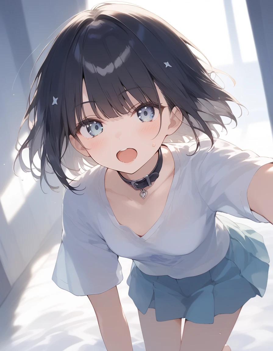 Bobcut、Black-haired 、Sweating at the gym、Composition from below、Desperate form、Sweaty、indoor、Many other guests、Wearing a jersey、No exposure、in motion、Grit your teeth、Dumbbell raising