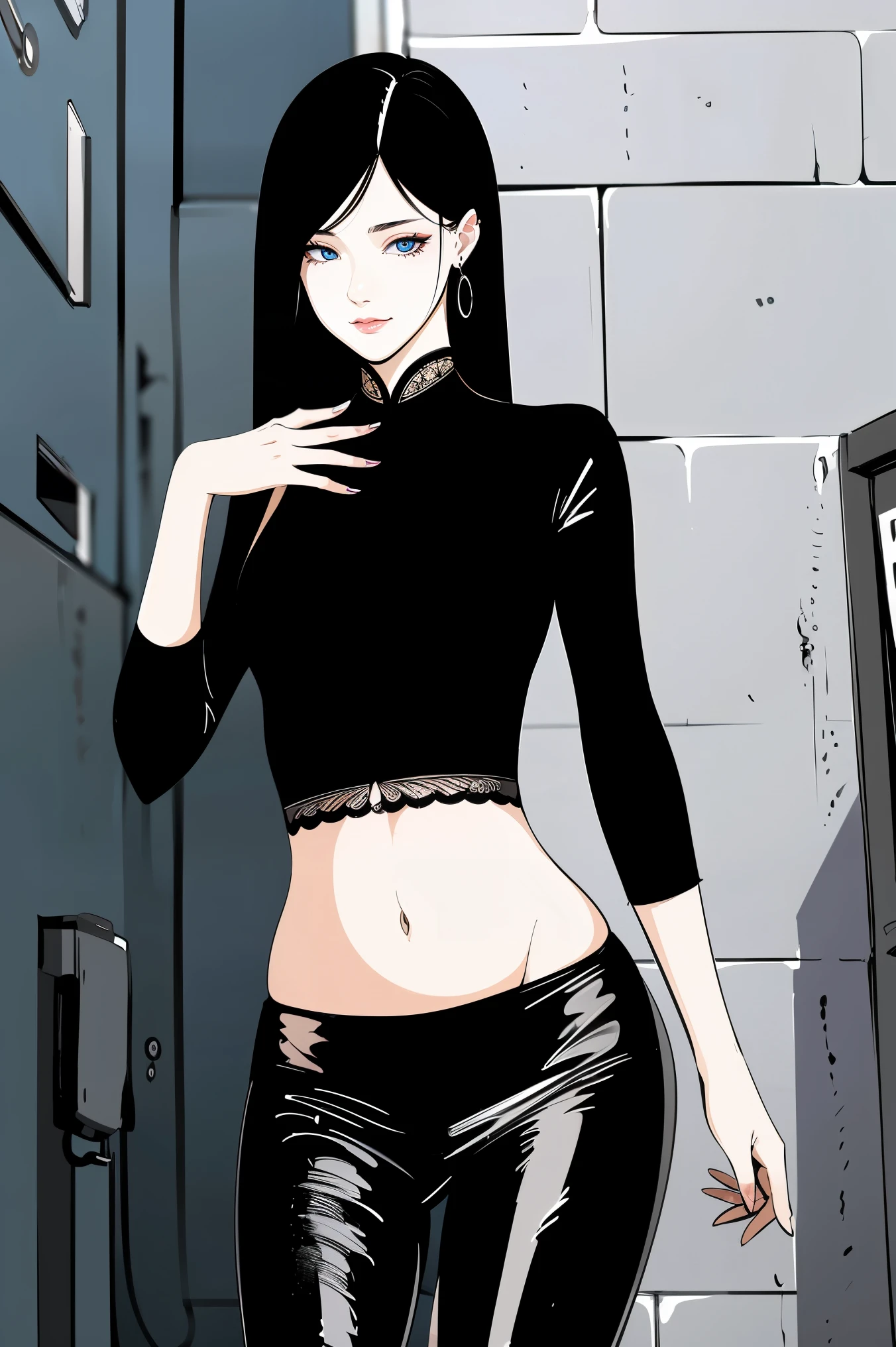 comic storyboard, of a stunning Chinese woman exuding elegance and confidence in a lace bodysuit, a micro mini skirt, and tight leather pants. Her flawless complexion and radiant smile captivate the viewer, embodying grace and style. The photo is set in a chic urban alleyway, with graffiti-adorned walls adding a touch of edginess. The composition is a high angle shot, showcasing the woman's fashionable ensemble and poised demeanor. Soft, natural lighting highlights her features with a subtle glow. This striking image, photographed by Chen Man, epitomizes modern sophistication and allure