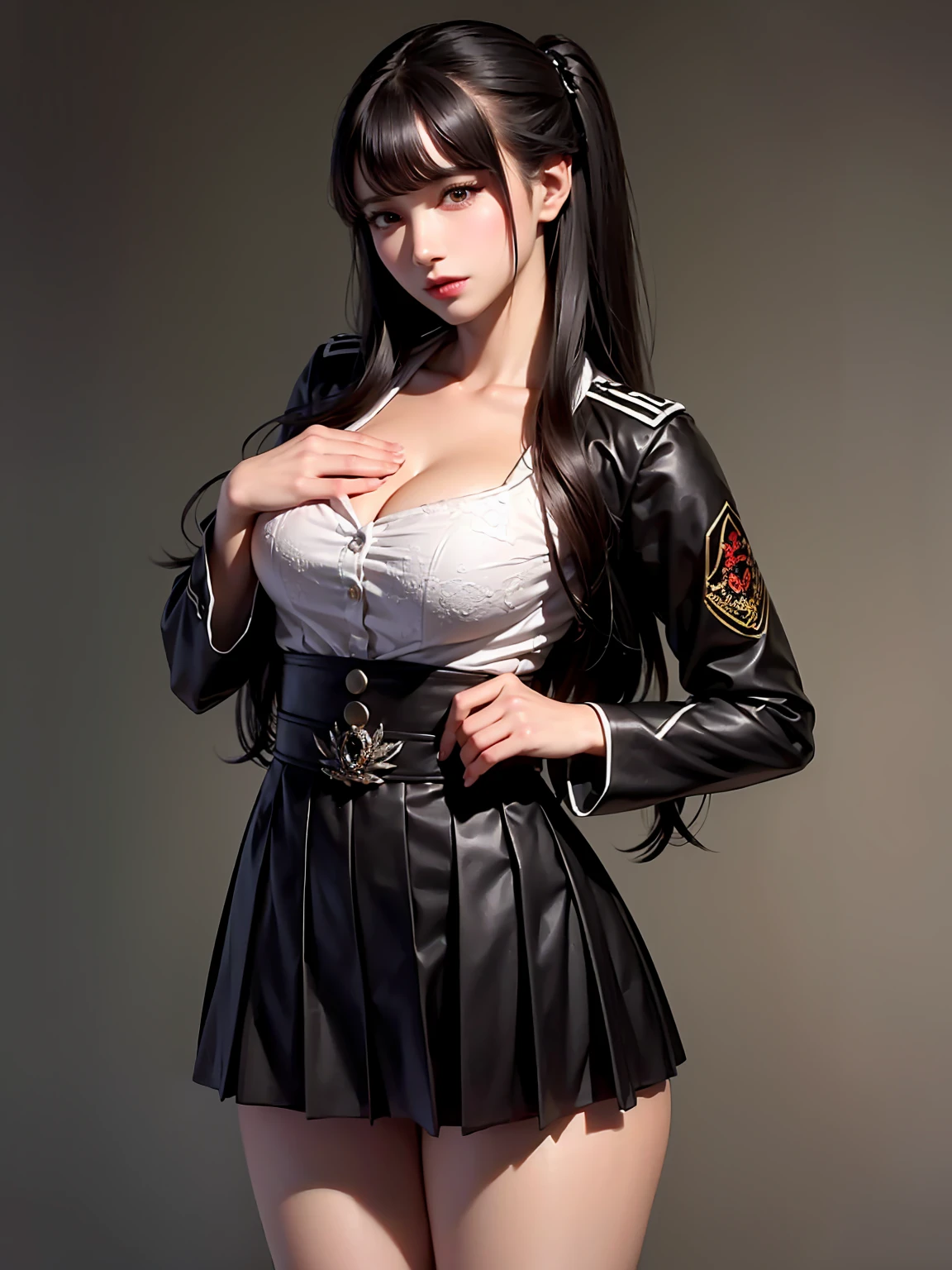 Photorealistic, high resolution, A Japanese Police woman named Kimmi, solo, heavy makeup, Hips up, (standing) (Detailed face), Black hair, Long hair, red and white corset, white lace Panties , Red micro skirt, fishnet Stockings. Fully clothed.