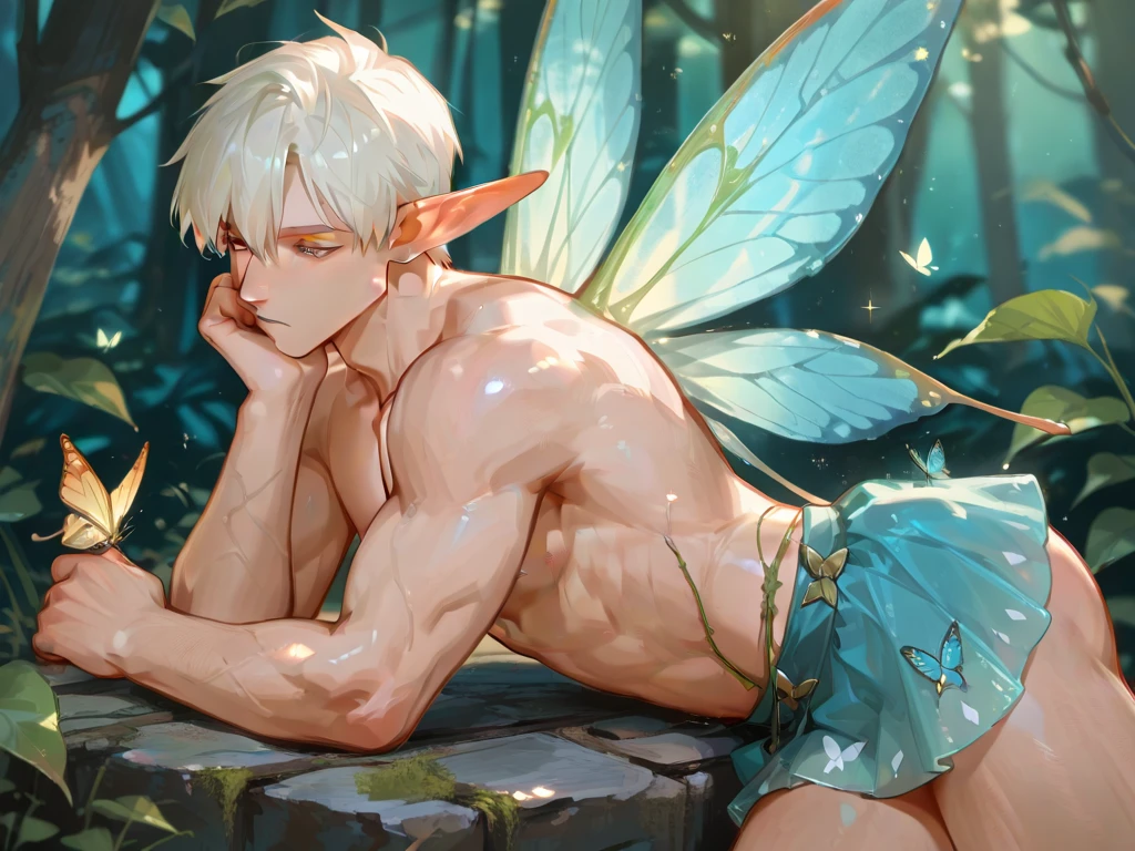 (masterpiece), 1boy, a, young male fairy, graceful, long elf ears, teenage, (brown skin, white hair, green eyes), full body, beautiful colors, translucent fairy wings, flat chest