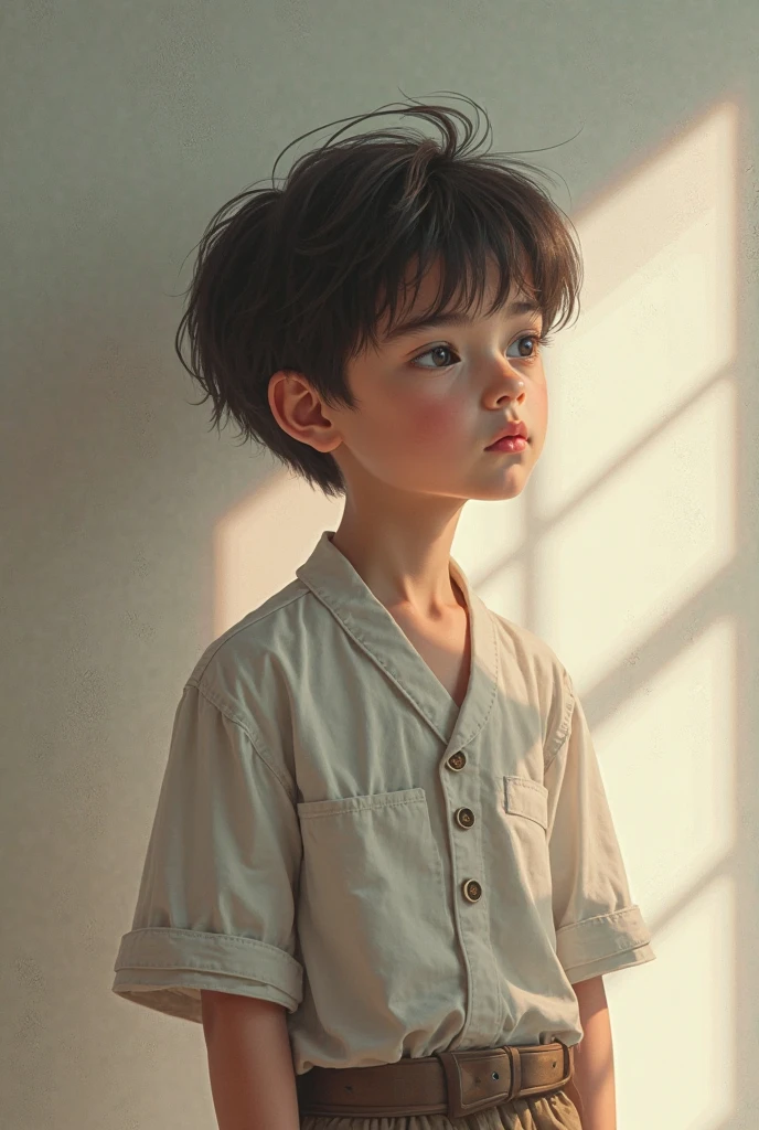 eight year old boy with brown hair, whole body, seated, bottom bedroom