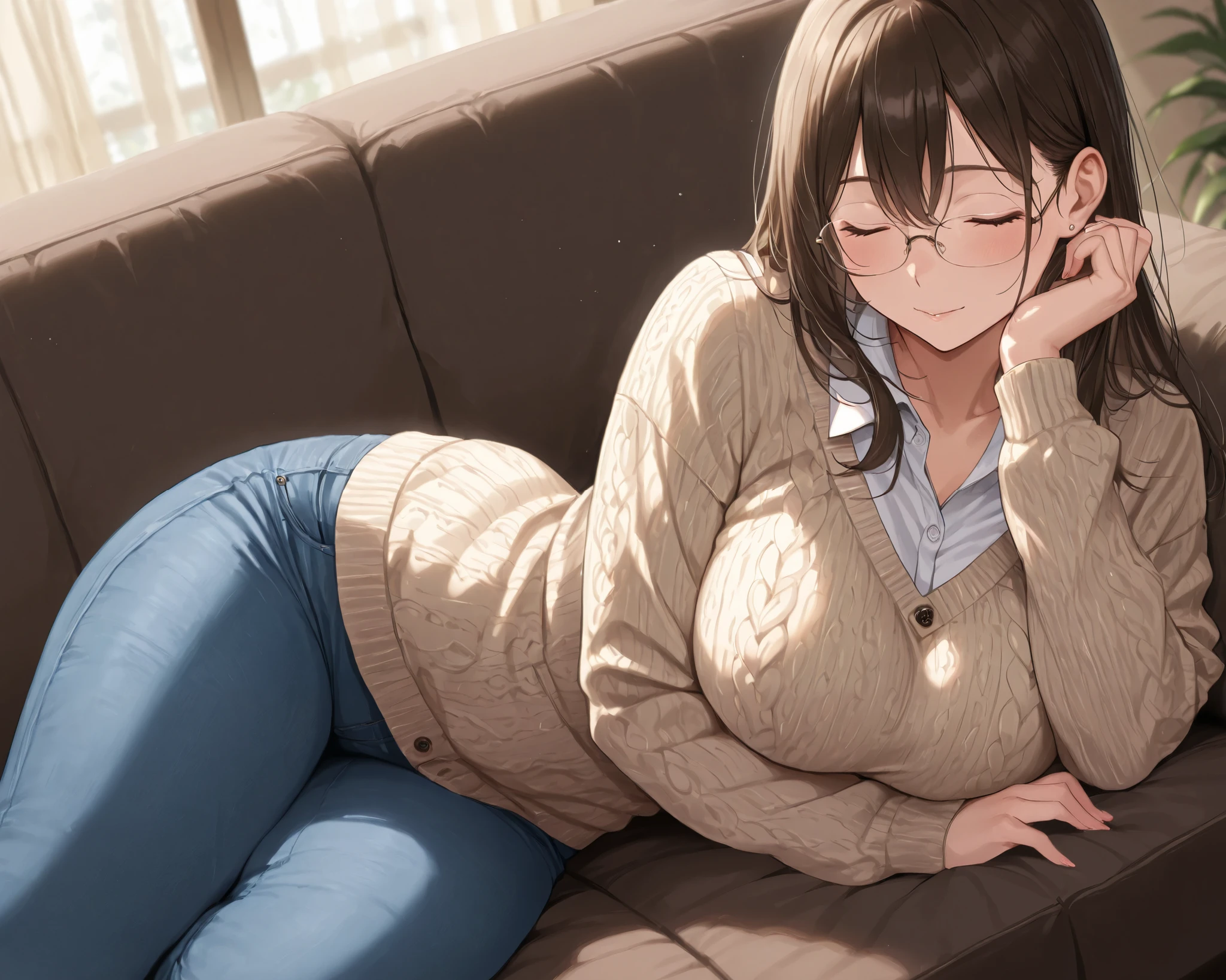 solo、mature woman、Sleep、sleep、cover、glasses、very cute face、Tilt your head、closed eyes、curvy beauty、 Long Sleeve、collared shirt、sweater cardigan 、jeans、lays、will lie down on the other side、indoor、living、Sofa、Greatest Masterpiece、Intricate Details、Extremely Absurd