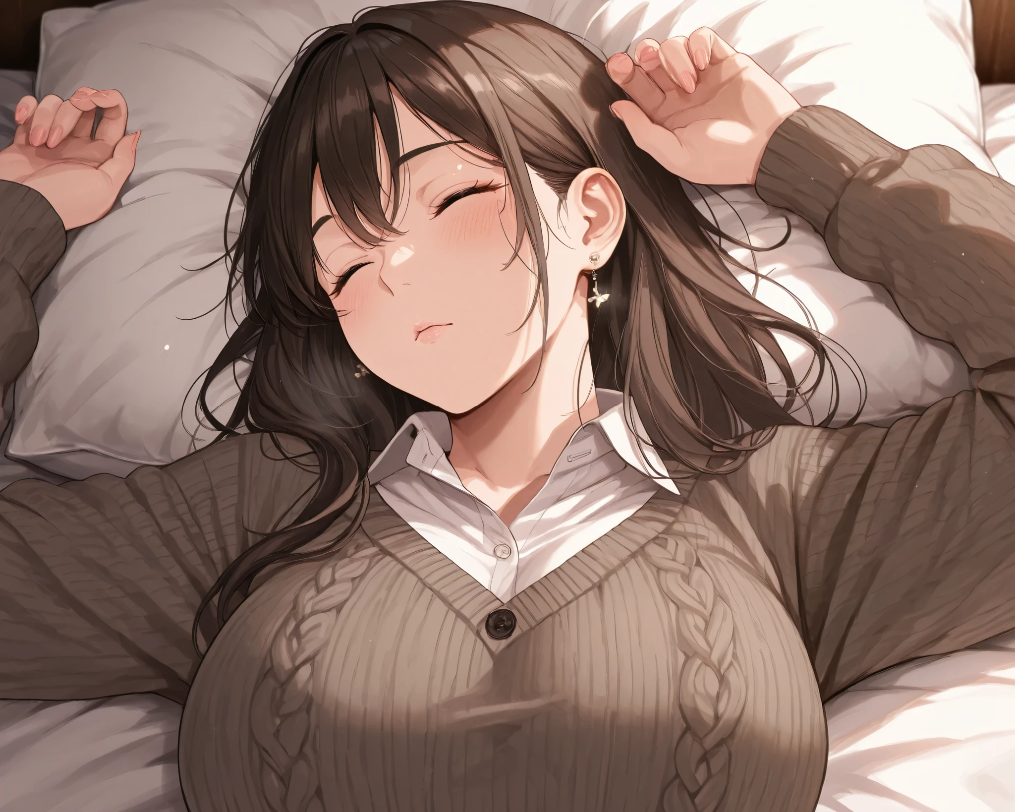 solo、close-up、mature woman、upper body、Sleep、sleep、Full Cheek、very cute face、Tilt your head、closed eyes、curvy beauty、 Long Sleeve、collared shirt、sweater cardigan 、lays、starting at iv、indoor、Duvet、pillow、living、Sofa、Greatest Masterpiece、Intricate Details、Extremely Absurd