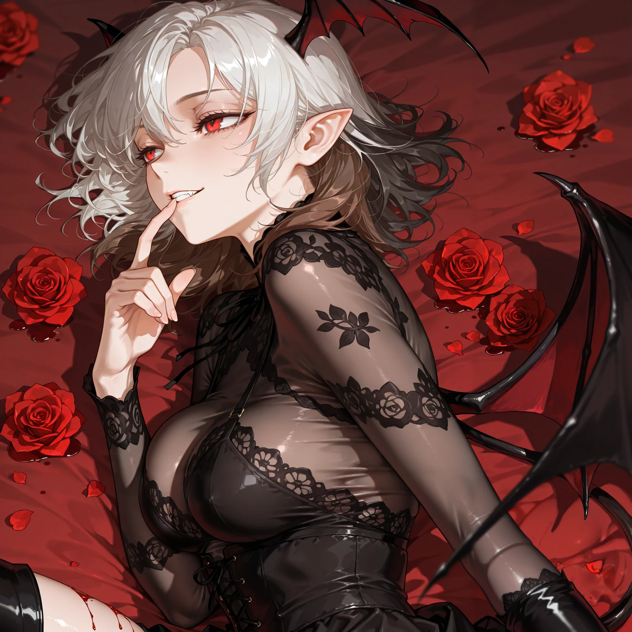 by [arknights|(748cmstyle:0.5)], mature, young adult, masterpiece, best quality, amazing quality, very aesthetic, high resolution, ultra-detailed, absurdres,
1girl, woman, solo, alone,(dynamic pose, side shot, from the side, upper body focus, three quarter view, face shot, close-up, portrait:1.2), dramatic pose, red eyes, black hair, medium hair, white hair, brown hair, vampire, lace dress, high boots, succubus, holding her breasts, half lidded eyes, tsurime, medium breasts, divinity, fighter, lip bite, darkness, Laying down in a field of blood roses, laying down on her side, sexy pose, rubbing her thighs, on her sides, finger on her lips, hushing, soft eyes, loving expression, bedroom eyes,
BREAK, depth of field, volumetric lighting
 