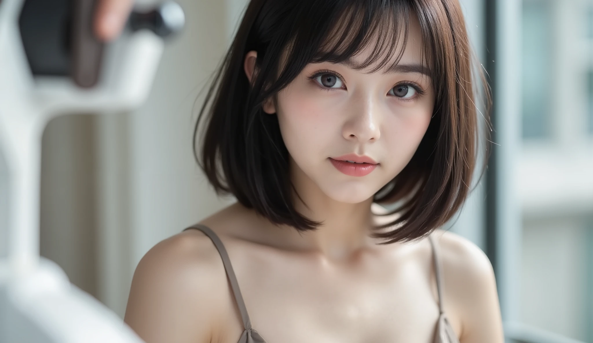 Best Quality, masutepiece, 超A high resolution, (Photorealistic:1.4), Raw photo, Cute dress。1girl in, off shoulders, Short Bob Hair, Indoor,Detailed eyes,(realisticeyes),delicated face,realskin,detailed hairs,Detailed skin,Beautiful face,Crying、I'm teary eyed、Cover your face with both hands、