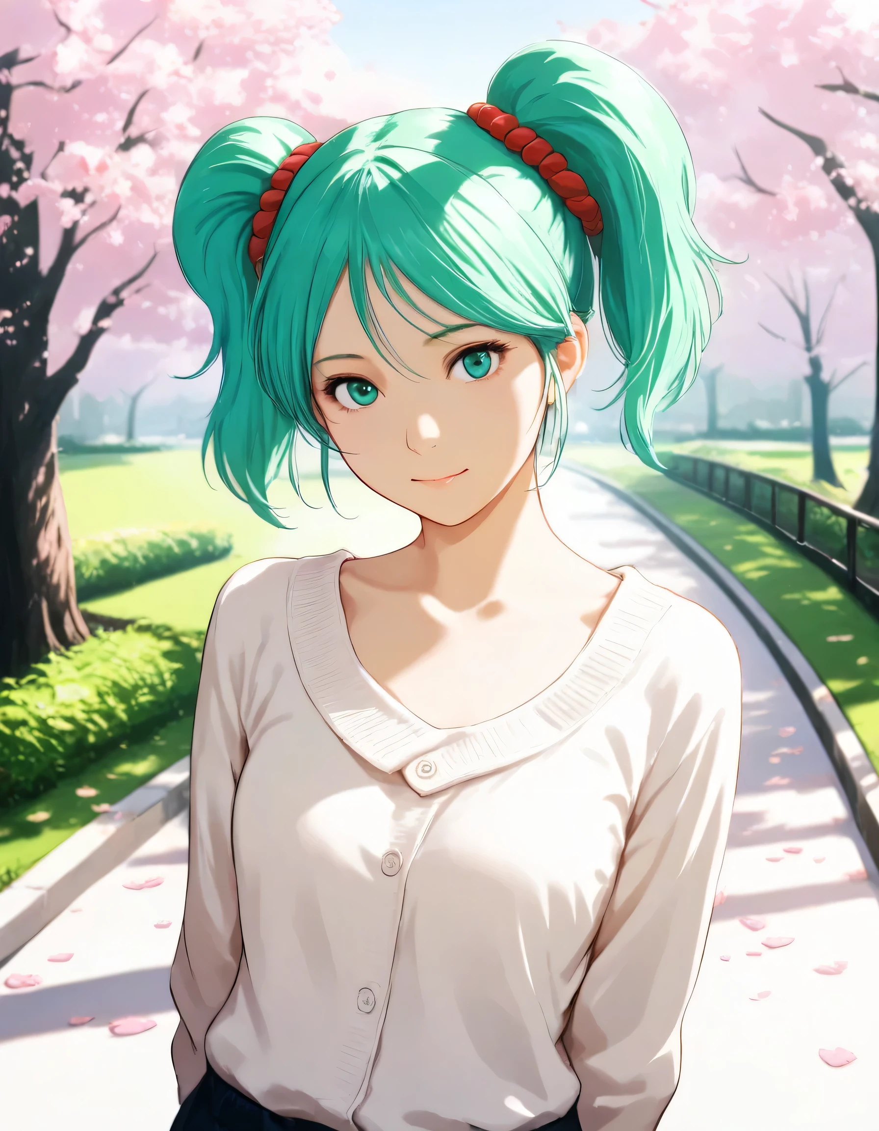 1girl, quess paraya, gundam, year 2016, upper body, green park, cherry blossom tree, casual clothes, masterpiece, high score, great score, absurdres, 16k, super detail