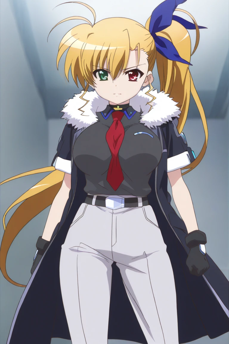 anime coloring, official art,high definition,amazing quality,best quality,very aesthetic,masterpiece,absurdres, ((1girl)), bbvivio, aged up, long hair, blonde hair, ahoge, side ponytail, hair ribbon, heterochromia, large breasts, choker,red necktie,short sleeves,black gloves,shirt, coat,belt,grey pants, fur trim