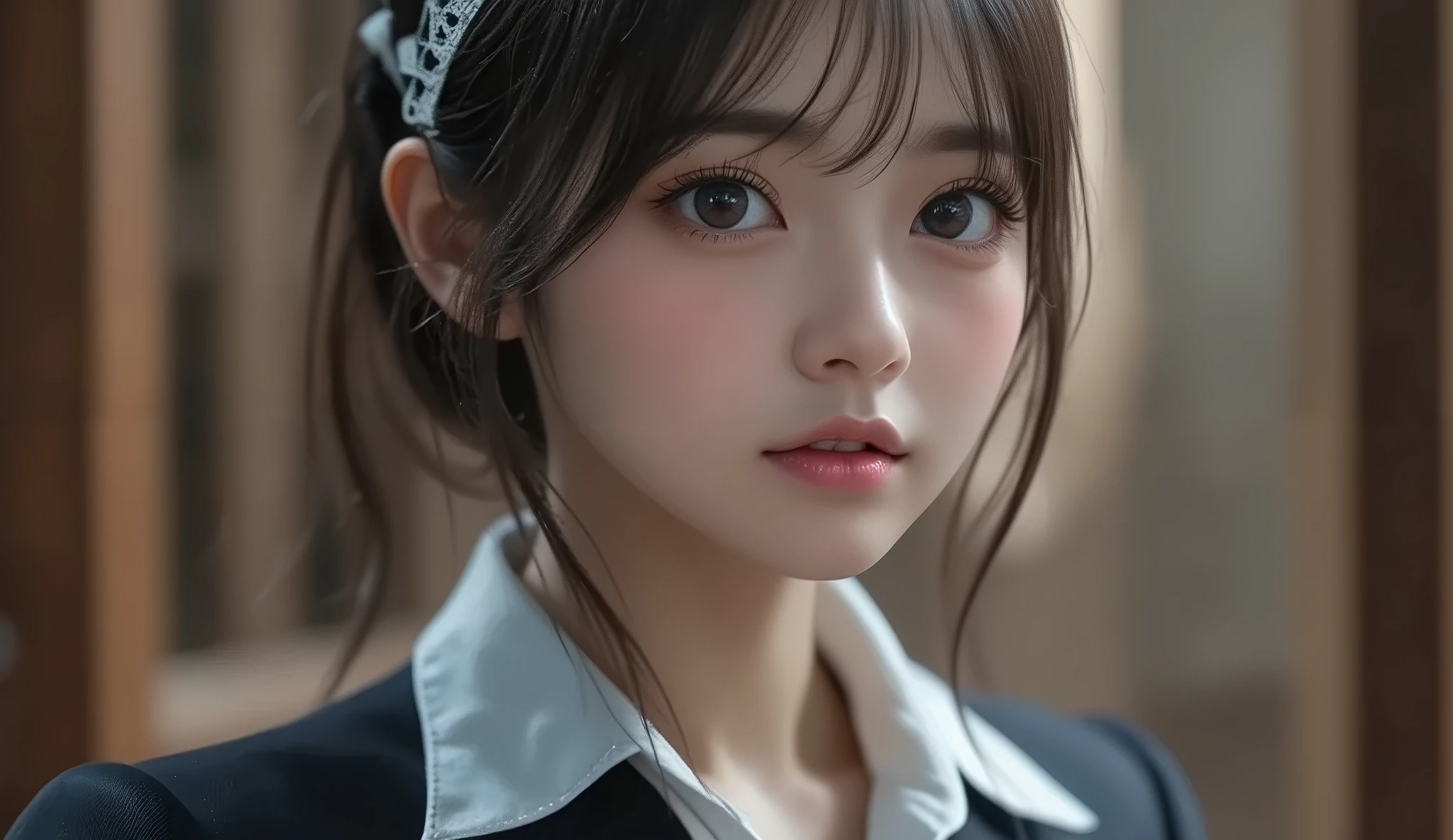 8k,super high resolution , top quality, masterpiece,rule of thirds,golden ratio,surreal,pictures, one woman,( girl:1.3),cute,cute顔, Beautiful Eyes in Every Detail , 細かくdetails,mature woman,princess,upper body,black hair, long bob,ID photo, luxurious and beautiful ,(A Famous Japanese Idol Girl),(((smile))),((blazer uniform:1.3)),((Instructor)),Low position,low angle,Examination room,( She's Standing in Front of Me), very delicate expression , delicate eye description,, healthy body, ((Female 1)), Height: 160cm ,( Thin Waist:1.4)、( Beautiful :1.4), pink lips,Profile ,((( ideal figure))),Small bust, A cup :2, portraits:2、 perfect anatomy 、鮮明な details、 details,thin lips,Perfect and beautiful face ,完璧でcute顔, meticulous skin , perfect limb that wraps around the body,Thin Waist, surreal,Light and Dark, Fashion Magazine Cover ,stage lights